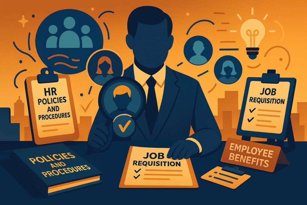 Illustration of talent acquisition theme with HR policies and job requisitions.