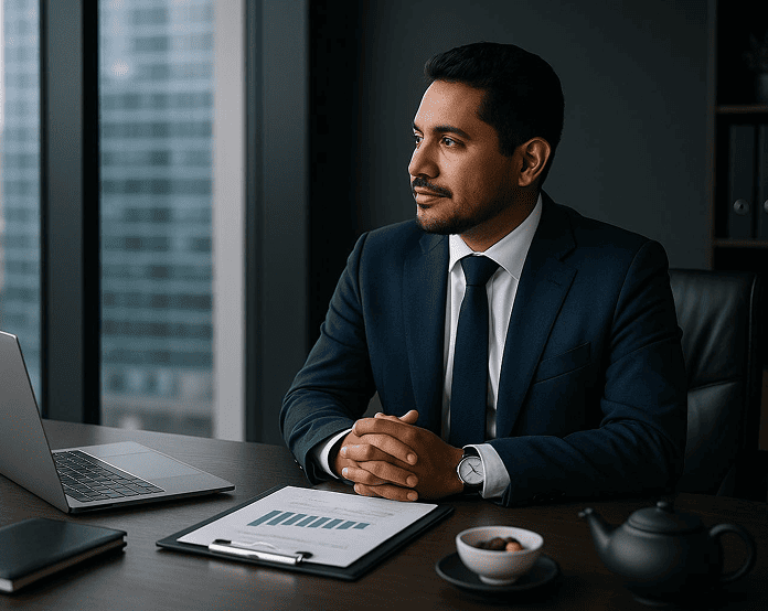 Man in suit at office desk with laptop.