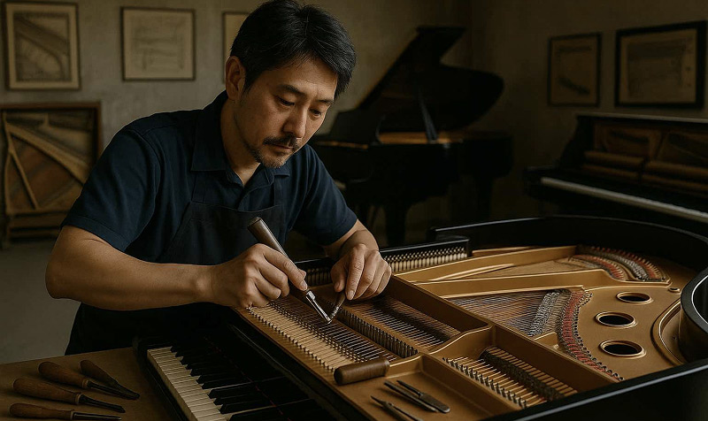 Man tuning grand piano strings in workshop.